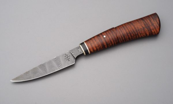 3" High Carbon Damascus Steel Desk Knife With Sterling Silver, Buffalo Horn, And Curly Koa
