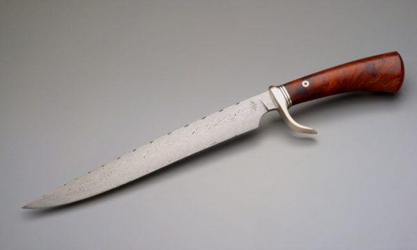 10" Multi-Bar Firestorm Damascus Steel Knife With Nickel Silver, Vulcanized Rubber, And Arizona Ironwood, "Gazelle"
