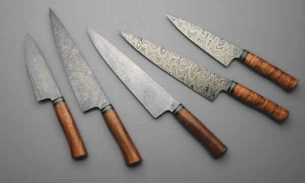 Damascus Steel Chef Knives Kit With Curly Maple, Sycamore, And Koa
