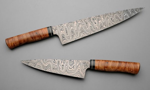 10" & 7" Mid Layer Latter Pattern Chef Knives With Big Leaf Maple, Micarta, And Nickel Silver