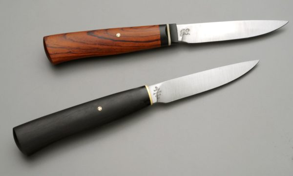3.5" High Carbon Steel Paring Knife Pair With African Blackwood, Cocobolo, Micarta, And Nickel Silver