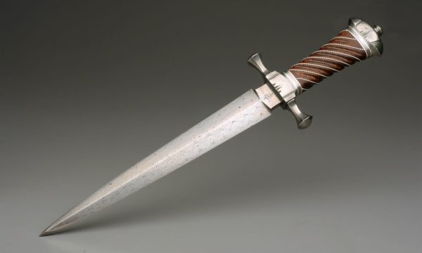 10.125" High Carbon Damascus Steel Hessian Quillon Dagger With Pure Silver, And Curly Koa
