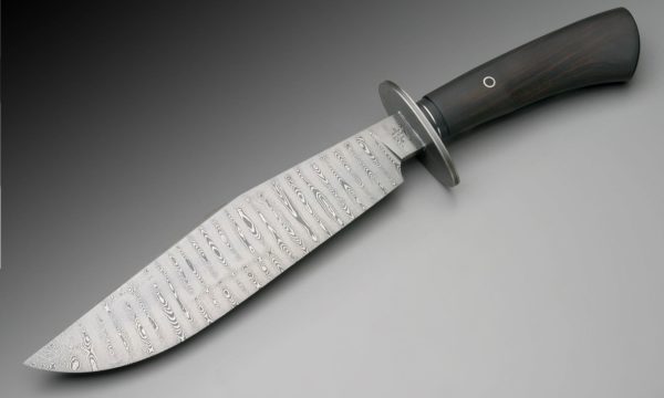 10" High Carbon Ladder Pattern Damascus Steel Bowie Knife With Micarta, Stainless Steel, Stabilized African Blackwood, And Phenolic Rod