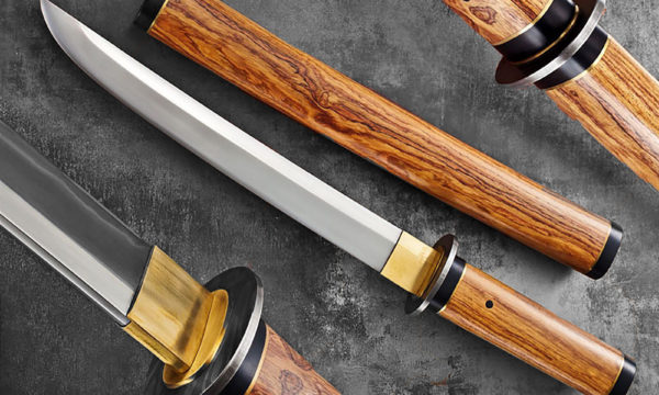 10" High Carbon Steel Tanto with Nugold, Damascus Steel, & Bolivian Rosewood Handle