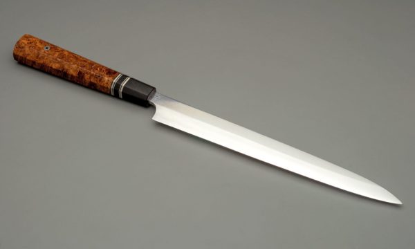 270mm High Carbon Steel Yanagi Ba With Nickel Silver, Maple Burl, Gaboon Ivory, Micarta, And Vulcanized Fiber