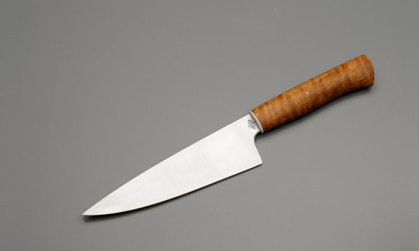 7" High Carbon Steel Chef Knife With Stabilized Curly Oak