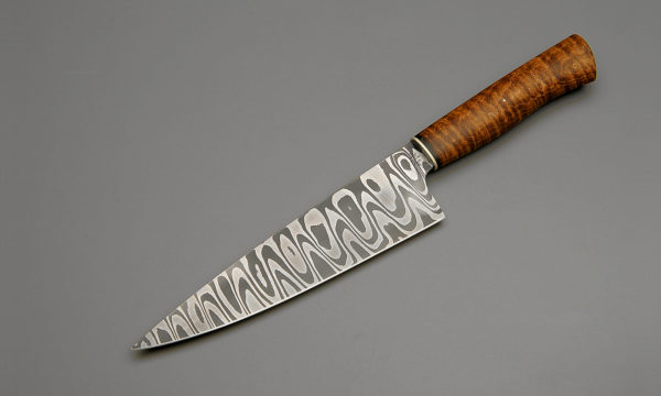 8" High Carbon Low Layer Ladder Pattern Damascus Steel Chef Knife With Curly Maple
