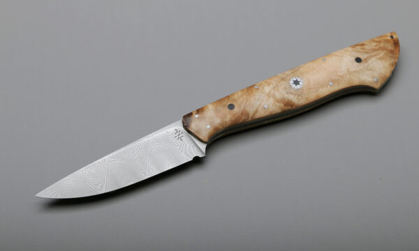 Custom Bird And Trout Damascus Blade With Rock Maple Handle